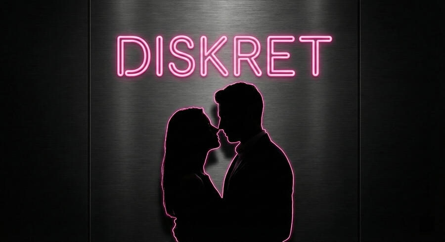 Mørk silhuet af et par med neon pink omrids og teksten DISKRET, der repræsenterer anonym dating på danskutroskab.com.